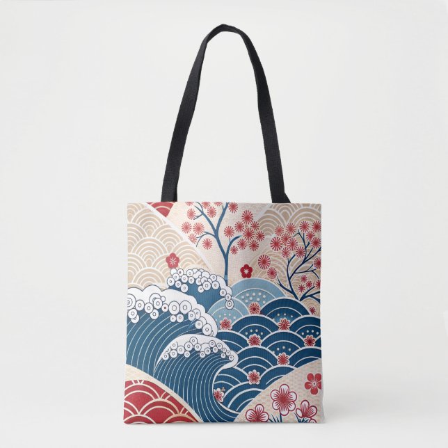 Bolsa Tote Traditional Red Blue Japanese Wave Sakura Pattern (Frente)