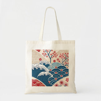 Bolsa Tote Traditional Red Blue Japanese Wave Sakura Pattern