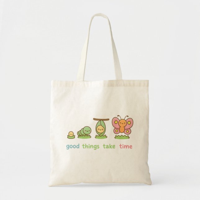 Bolsa Tote 🌸 Transformação da Borboleta Kawaii - Boas Coisas (Frente)