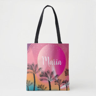 Bolsa Tote Tree Art Tropical Sunset de Palm Rosa Brilhante