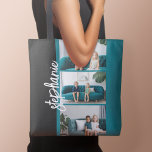 Bolsa Tote Trendy 3 Fotos preto & branco nome do script moder<br><div class="desc">Use 3 fotos para criar um presente exclusivo e pessoal. Use suas fotos horizontais ou paisagísticas para obter os melhores resultados! Esta moderna colagem de fotos empilhadas inclui uma fonte rústica e moderna para seu nome ou outro texto. PARA ALTERAR O PLANO DE FUNDO - clique na área de personalização...</div>