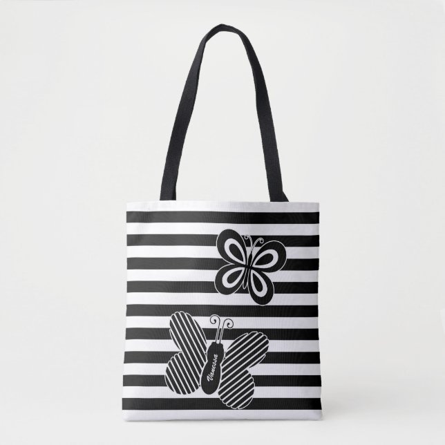 Bolsa Tote Trendy Black and White Butterfly Strips Com Nome (Frente)