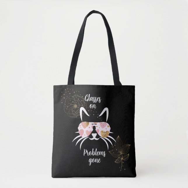 Bolsa Tote Trendy cat vestindo óculos em fundo preto (Frente)