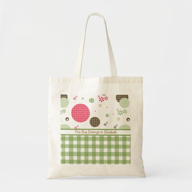 Bolsa Tote Trendy Cute Gingham Bolinhas Com Nome (Frente)