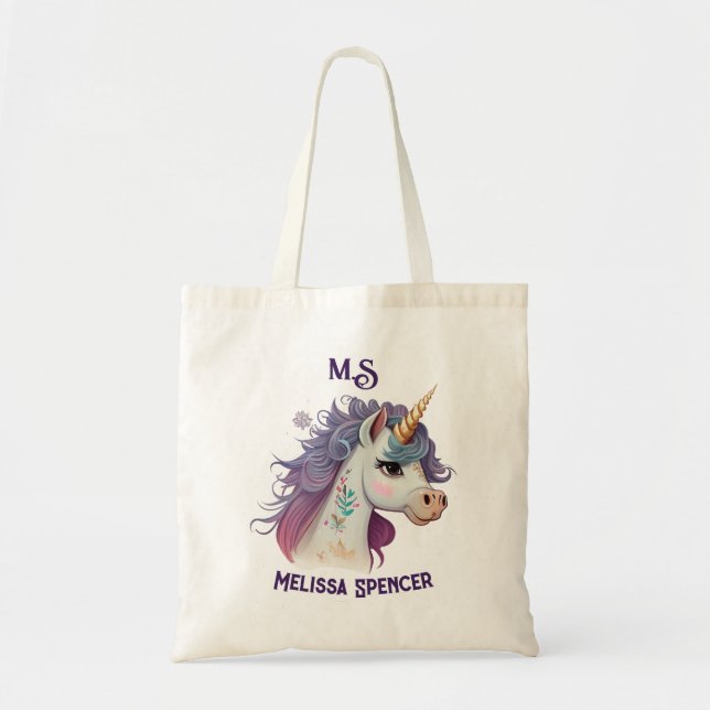 Bolsa Tote Trendy Girls'Elegante Purple Magical Unicorn Name (Frente)