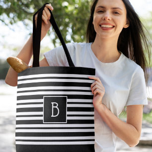 Bolsa Tote Trendy Modern Monograma inicial Black White Stripe