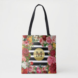 Bolsa Tote Trendy Monograma Rosas Flores Douradas Brilhante