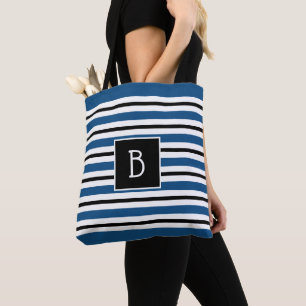 Bolsa Tote Trendy Monogramed Classic Blue Black Stripe