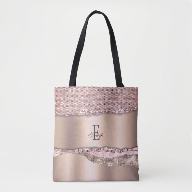 Bolsa Tote Trendy Rosa Dourado Diamantes Monograma de Brilho (Frente)