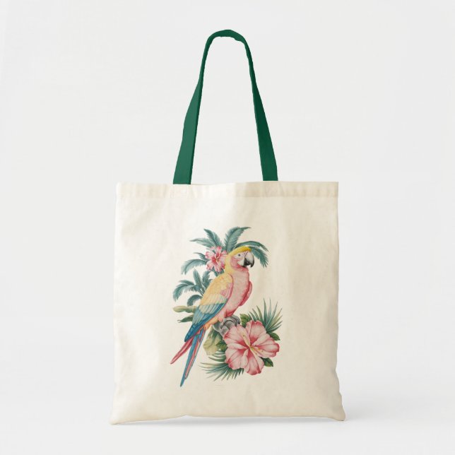 Bolsa Tote Trendy Summer Beach, Papagaio e Flores de Hibiscus (Frente)