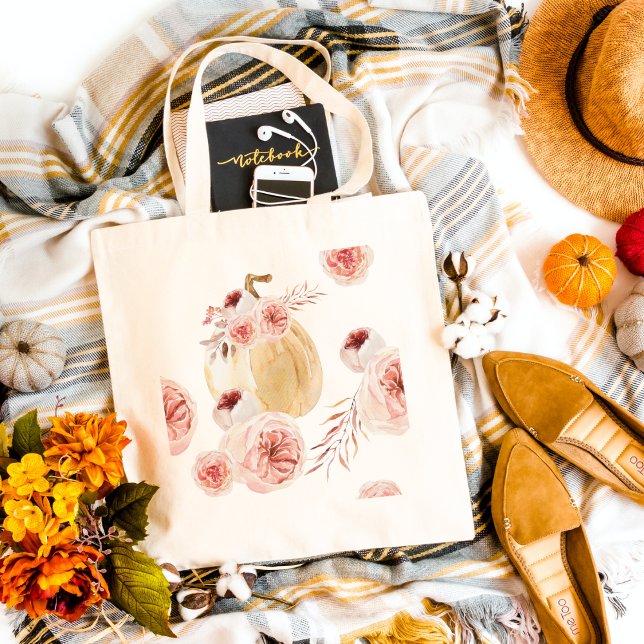 Bolsa Tote Trendy Watercolor Pumpkin & Flowers | outono (Criador carregado)