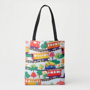 Bolsa Tote Trens fofos e padrão de árvores azul