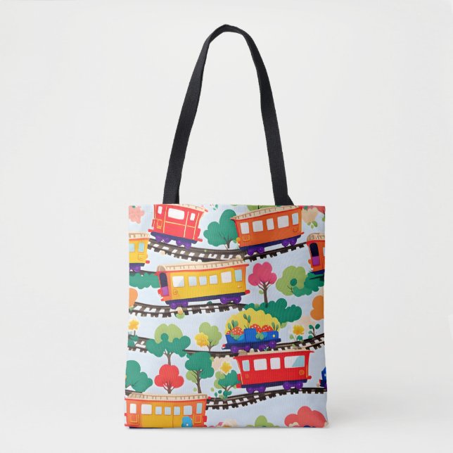Bolsa Tote Trens fofos e padrão de árvores azul (Frente)