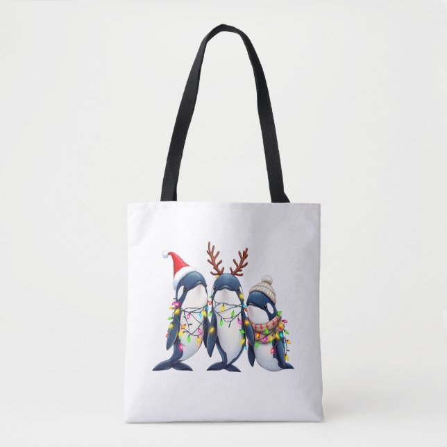 Bolsa Tote Três baleias Vestindo Papai Noel de Natal (Frente)