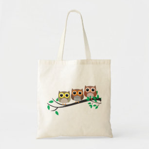 Bolsa Tote Três corujas em um desenho bonito em uma ramifica