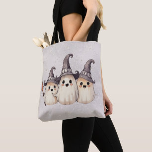 Bolsa Tote Três Fantasmas Chapéus de Bruxa Brilho Prateado Ha