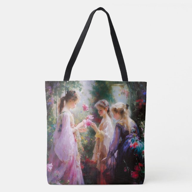 Bolsa Tote Três garotas brincando num jardim (Frente)