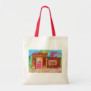 Bolsa Tote Três gatos em uma casa de pão-gigante da Adobe