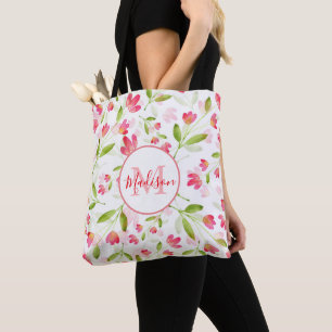 Bolsa Tote Três hastes de flores de pintura aquarela rosa cor