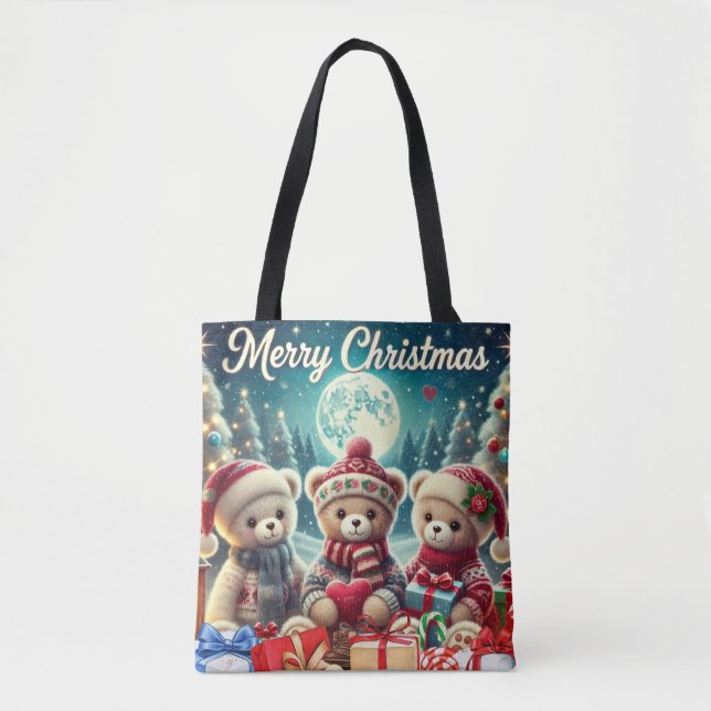 Bolsa Tote Três Ursos de Teddy Bonitos Feliz Natal (Frente)