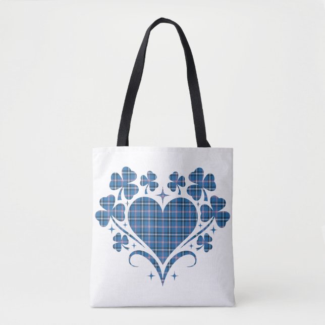 Bolsa Tote Trevo de Coração Xadrez Azul Clássico Clover (Frente)