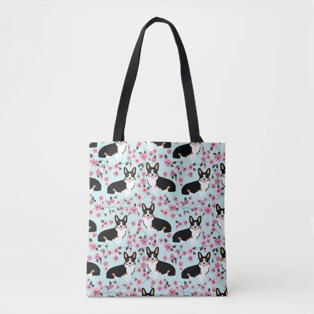 Bolsa Tote Tri flor de cerejeira do Corgi - azul (Frente)