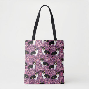 Bolsa Tote Tri flores de cerejeira coloridas do Corgi - roxo