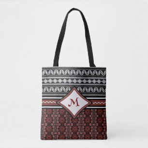 Bolsa Tote Tribal Abstrato Branco e Vermelho Chic Black