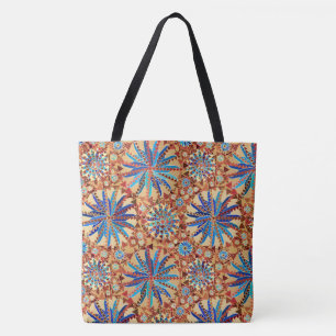 Bolsa Tote Tribal Mandala Impressão, Camel Tan e Denim Blue