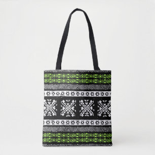 Bolsa Tote Tribal Navajo, padrão verde branco preto.