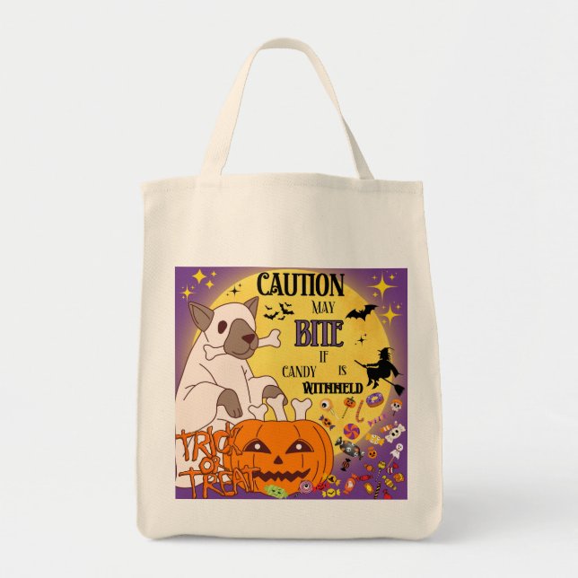 Bolsa Tote Trick-or-Treat Bag - "Caution: May bite if candy i (Frente)