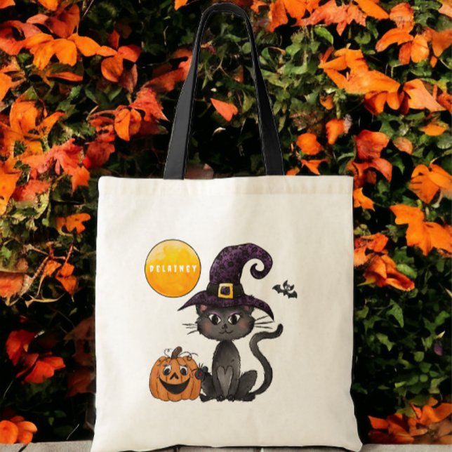 Bolsa Tote Trick ou Tratar do Nome do Gato Negro Halloween (Criador carregado)