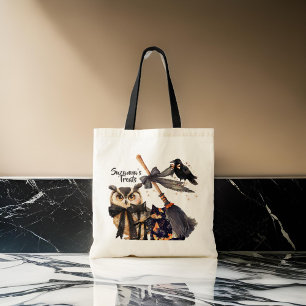 Bolsa Tote Trick ou Treat Crow Cat Broom Wolf Owl