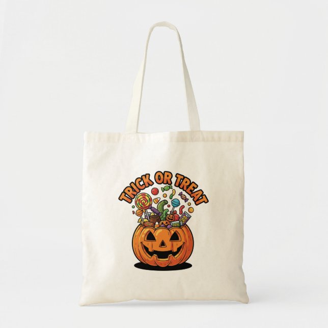 Bolsa Tote Trick ou Treat Pumpkin Candy Halloween Spooky (Frente)