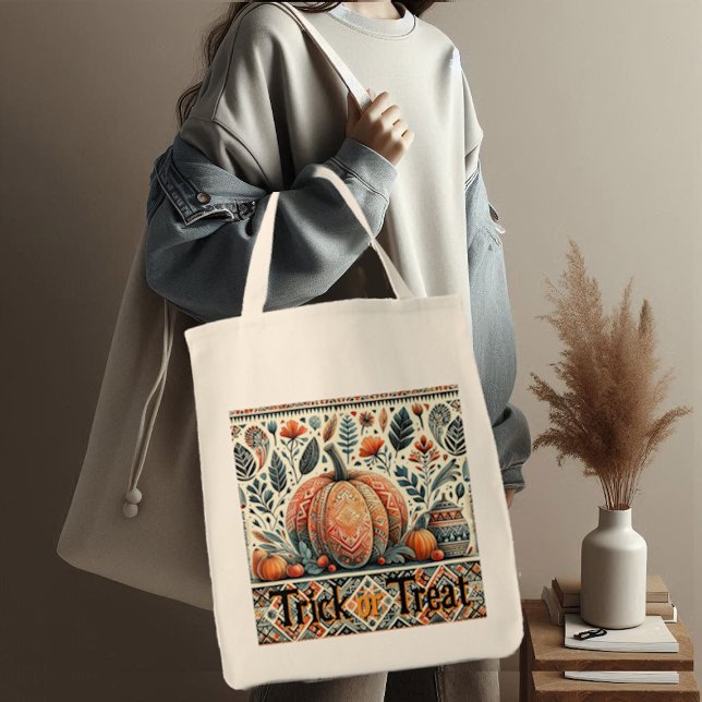 Bolsa Tote Trick ou Treine Pumpkins Caindo Foliage Bohemian A (Trick or Treat Pumpkins Fall Foliage Bohemian Art Tote Bag)