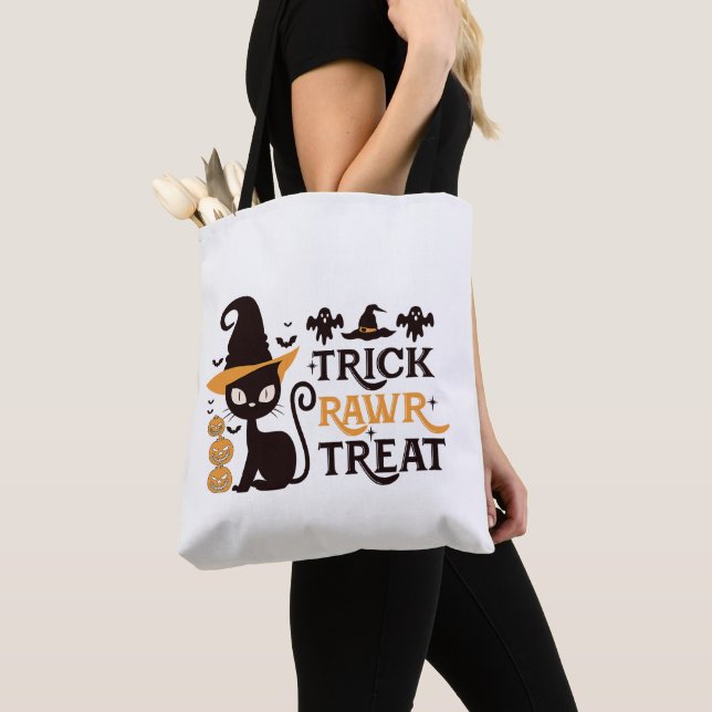 Bolsa Tote Trick Rawr Treat Black Cat White Halloween (Close Up)