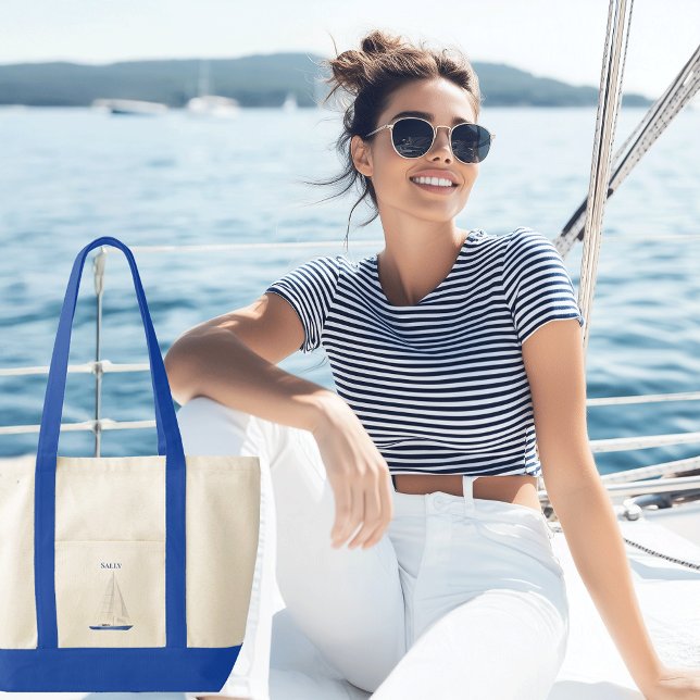Bolsa Tote Trilha de Contraste do Barco de Navegação (Sail boat personalized canvas boat tote)