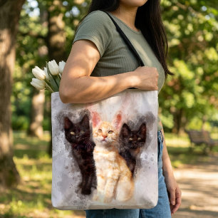 Bolsa Tote Trio de Aquarela de Gatinhos Pretos e Laranjas Fof