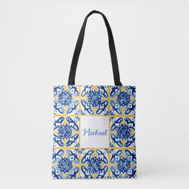 Bolsa Tote Trip Azulejo Amarelo E Azul (Frente)