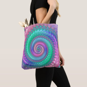 Bolsa Tote Trippy Funky Colorido Espiral Fractal em Tons de J