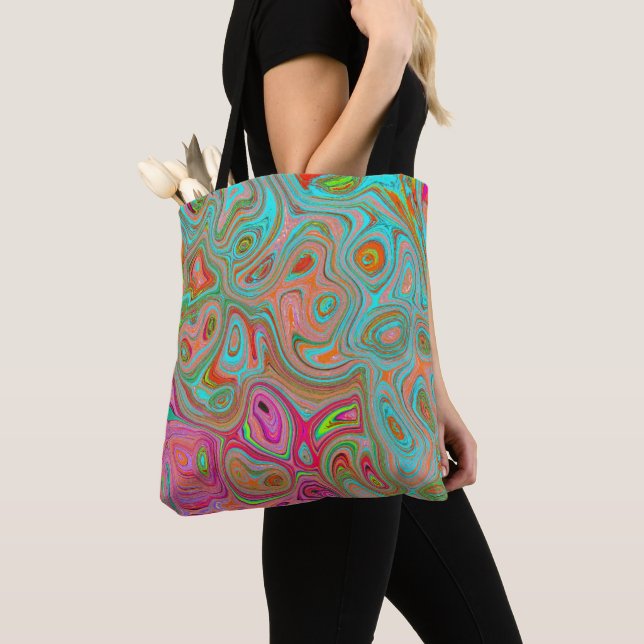 Bolsa Tote Trippy Retro Orange e Aqua Groovy Abstrato Art (Close Up)