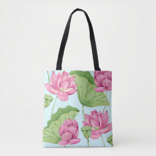 Bolsa Tote Tropical flowers, leaves, pink lotus, water lily, 