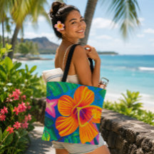 Bolsa tote tropical hibisco laranja