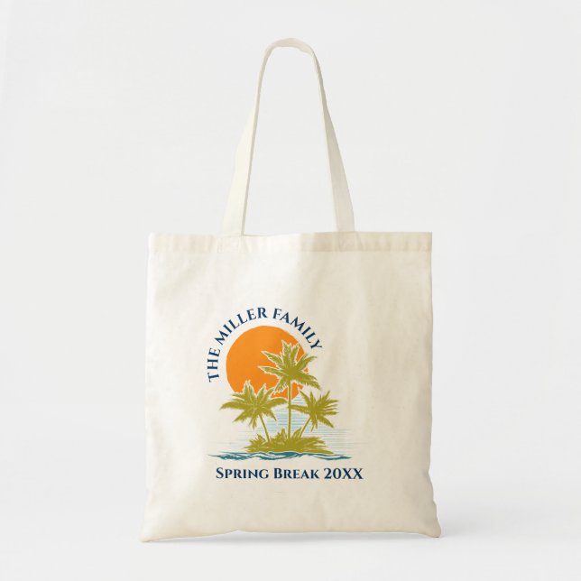 Bolsa Tote Tropical Palm Tree Beach Trip Sunset Cut. (Frente)