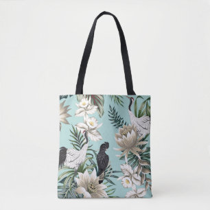 Bolsa Tote Tropical vintage crane bird,  parrot,  lotus flowe