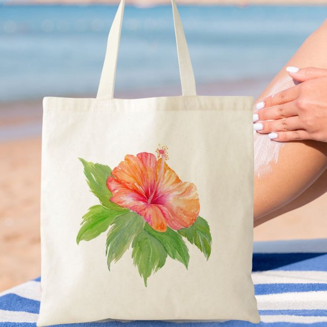 Bolsa Tote Tropical Watercolor Orange Hibiscus (Criador carregado)