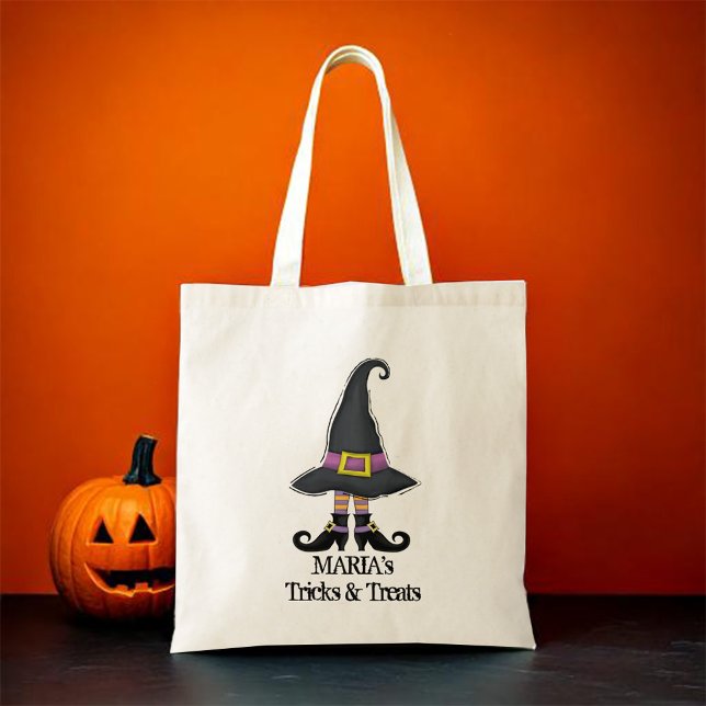 Bolsa Tote Truque De Bruxas De Halloween Ou Tratar Personaliz (Cute Witch Halloween Trick or treat tote bag)