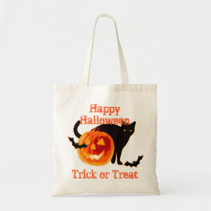 Bolsa Tote truque ou tratamento de gato preto e jack-o-lanter