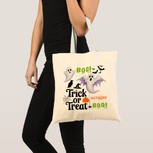 Bolsa Tote Truque ou Tratamento Fantasma Fofo Nome Personaliz