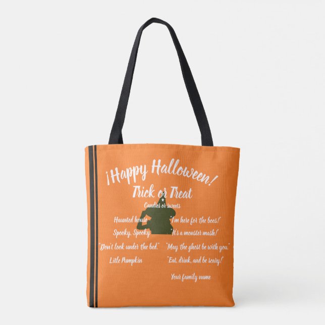 Bolsa Tote truque ou tratamento,nome, halloween,laranja perso (Verso)